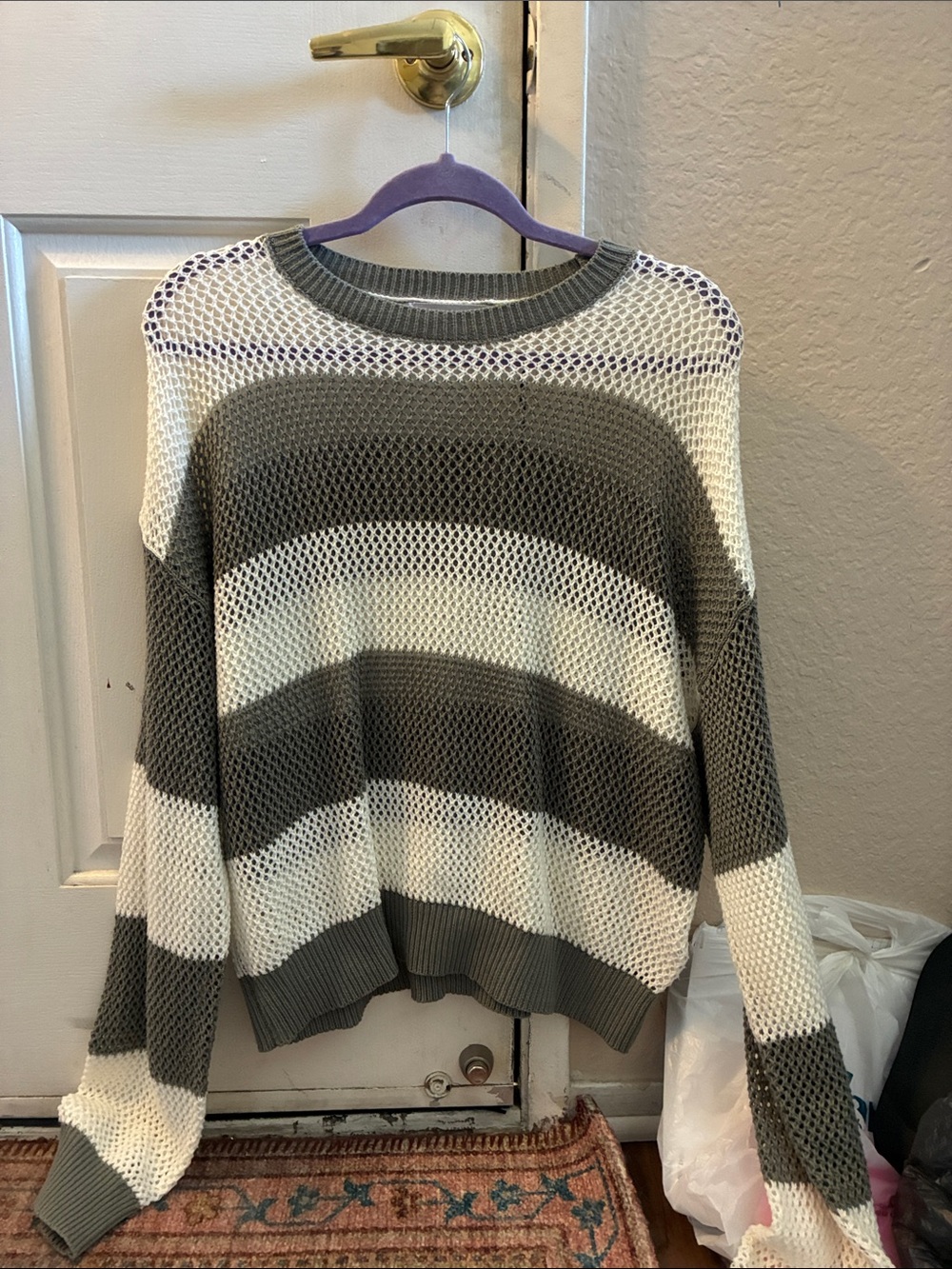 Women's Oversized Knit Stripe Sweater - Gray & Cream